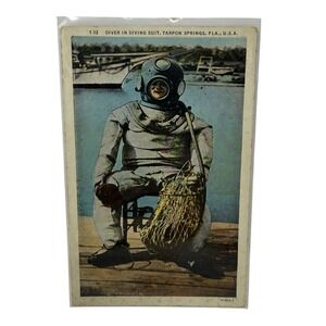 Vintage Linen Postcard Diver‎ in Diving Suit Tarpon Springs Florida Curt Teich